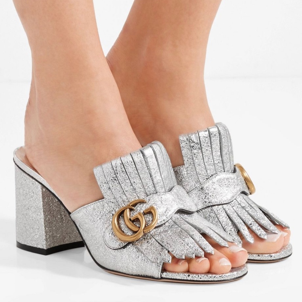 Silver Gucci Marmont Mules w Pleated Accents 37.5